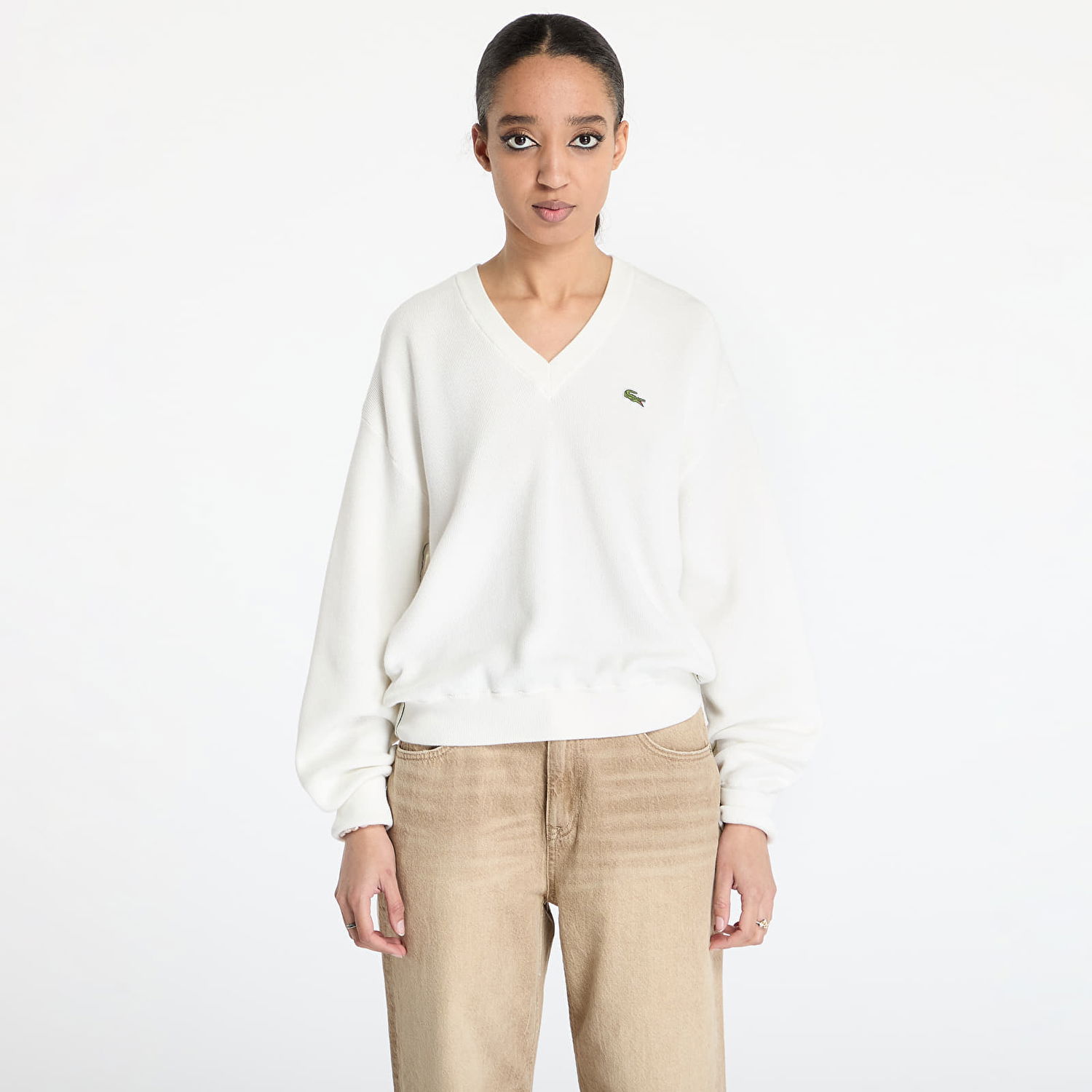 Sveter Lacoste Lacoste Moss Stitch V-Neck Sweater Biela | AF5622 70V, 0