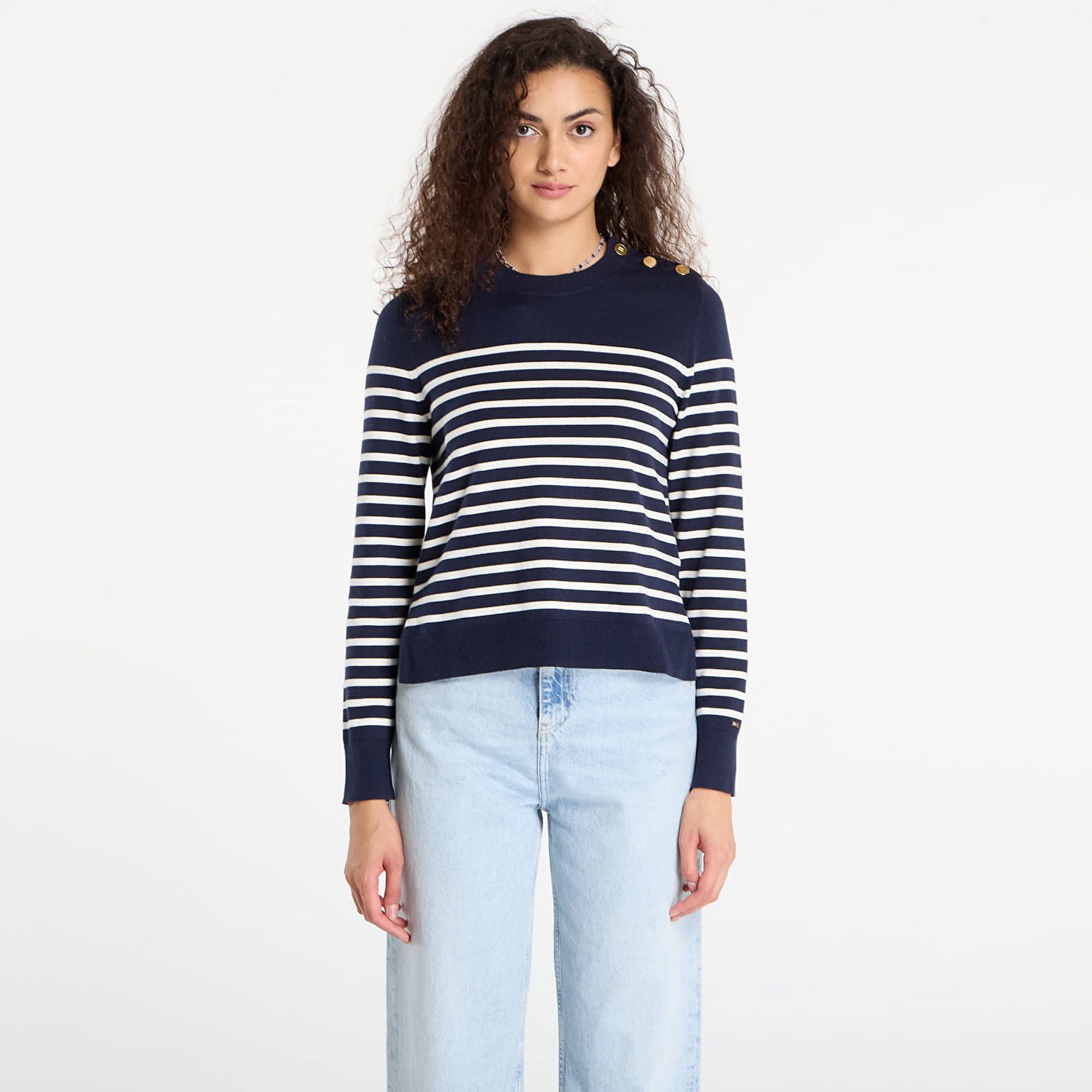 Sveter Tommy Hilfiger Tommy Hilfiger Striped Crewneck Sweater with Gold Buttons Navy | WW0WW47305-0FI, 0