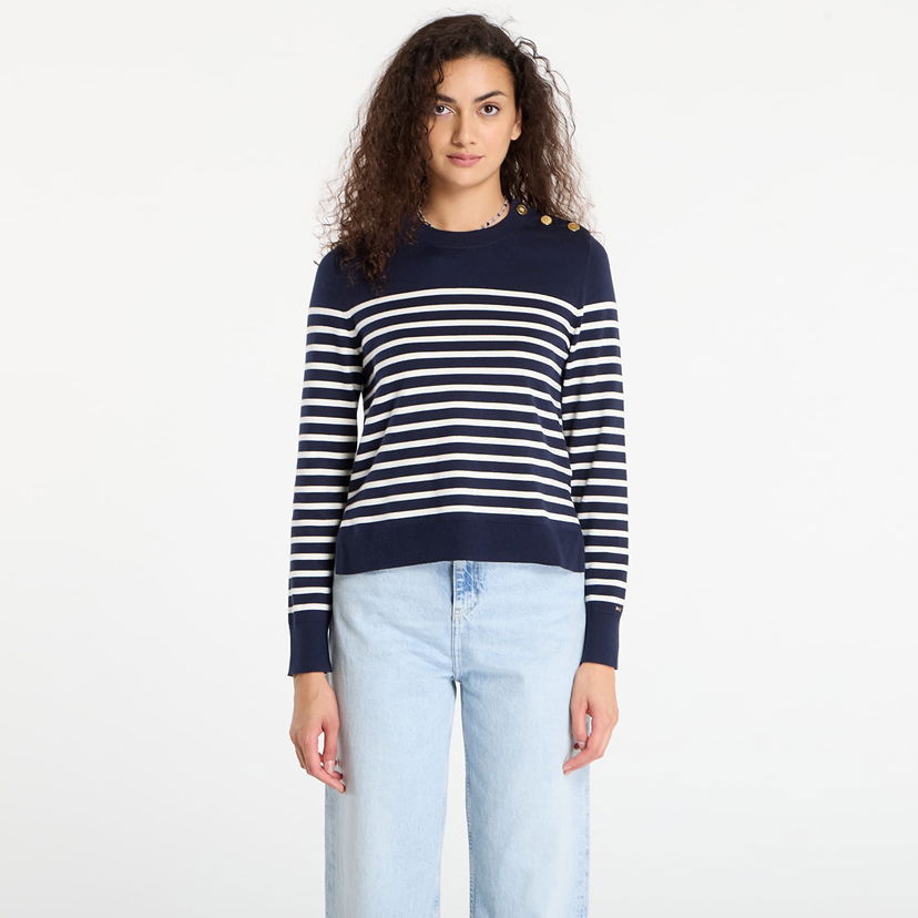 Sveter Tommy Hilfiger Tommy Hilfiger Striped Crewneck Sweater with Gold Buttons Navy | WW0WW47305-0FI
