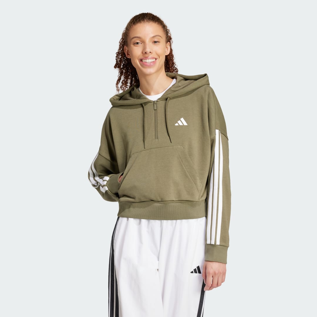 Mikina adidas Performance Essentials 3-Stripes French Terry Quarter-Zip Cropped Hoodie Zelené | JN1950, 0