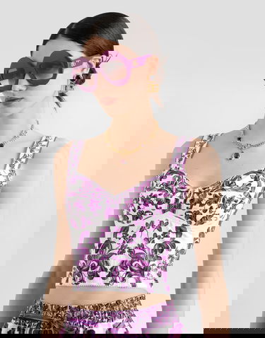 Crop Top Dolce & Gabbana Dolce & Gabbana Majolica Print Poplin Bustier Fialová | F7BB1TFI5LSHD5DQ, 3