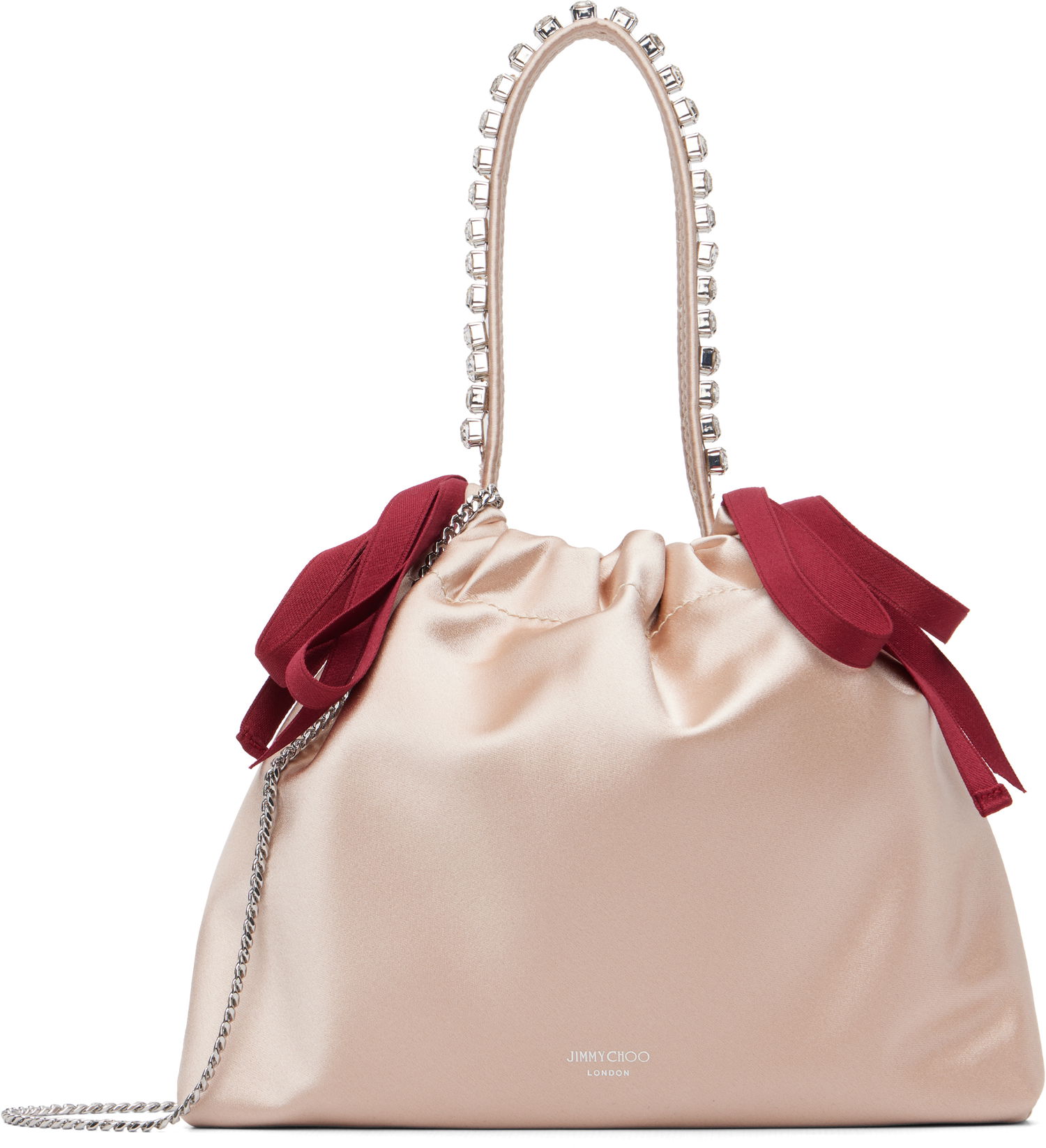 Kabelka Jimmy Choo Satin Drawstring Mini Bag with Crystal Top Handle and Red Bows Béžová | DRAWSTRING MINI TH, 0
