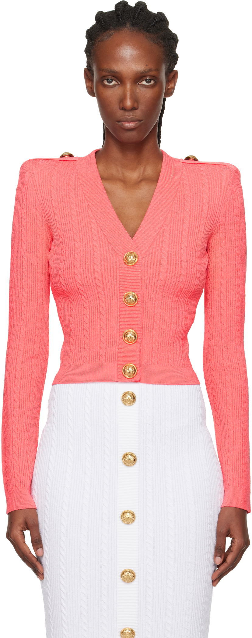 Sveter Balmain V-Neck Long-Sleeve Cable-Knit Button-Front Cardigan Ružová | FF1KL245KI50