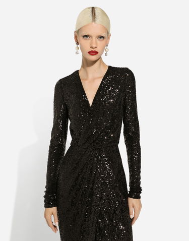 Šaty Dolce & Gabbana Sequin Calf-Length Dress Čierna | F6DHFTFLUBWN0000, 3