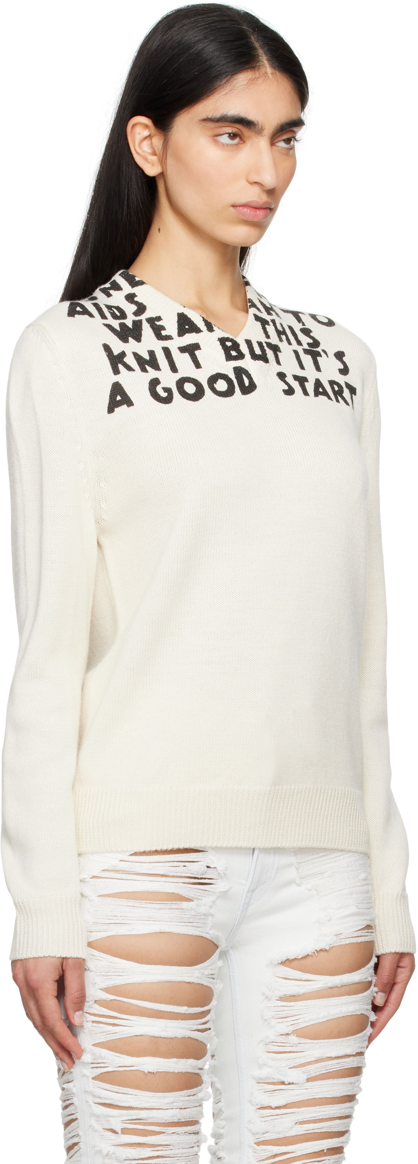 Sveter Maison Margiela MM6 Maison Margiela SIDA Print V-Neck Sweater Biela | S62HN0005 M13122, 1