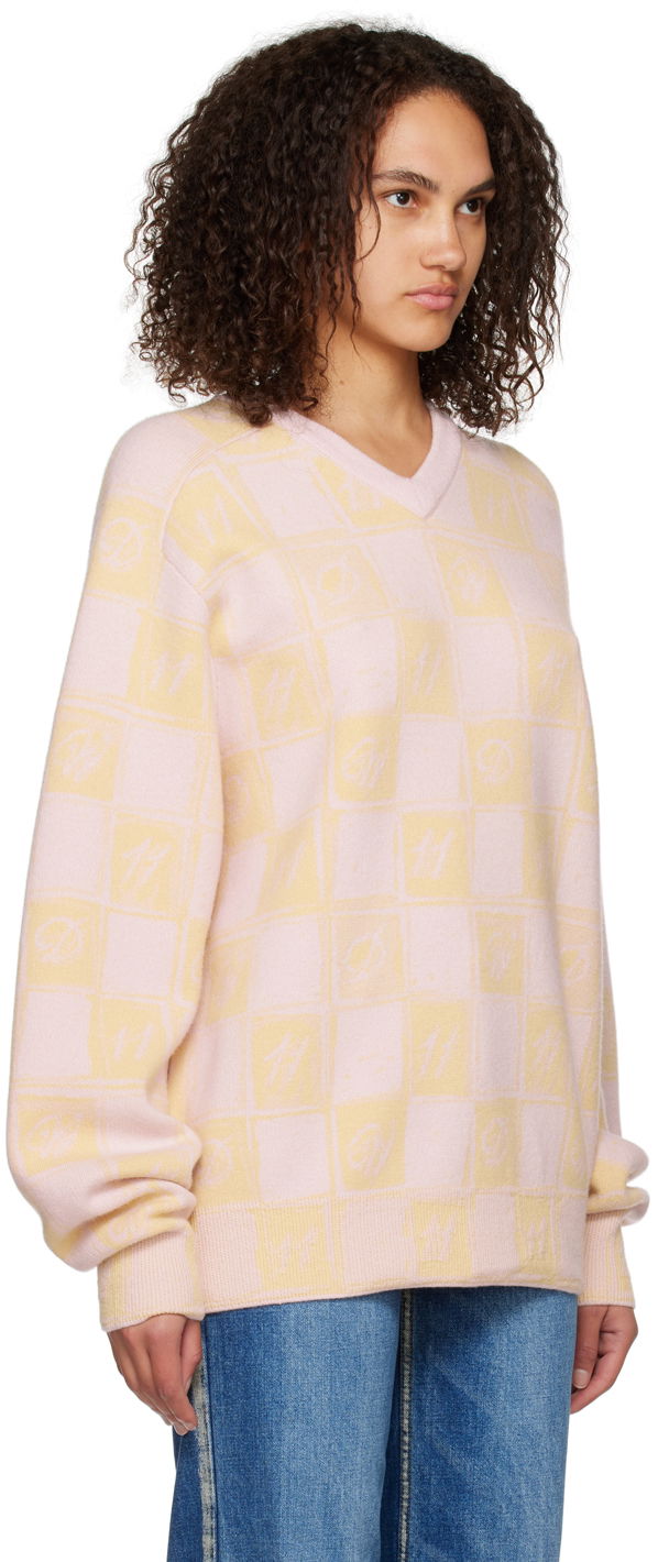 Sveter We11done We11done Checkerboard V-Neck Sweater Ružová | WD-KT3-22-639-U-YE, 1