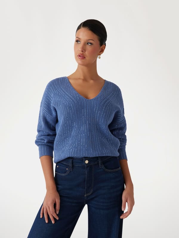 Sveter GUESS V-Neck Sweater with Rhinestone Details Modrá | W5RR03Z3K70, 0