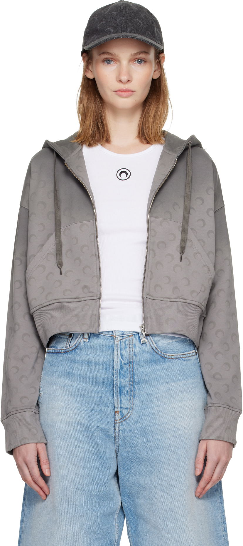 Mikina Marine Serre Marine Serre Faded Moon Fleece Cropped Zipped Hoodie Šedá | WST019ACJER0073