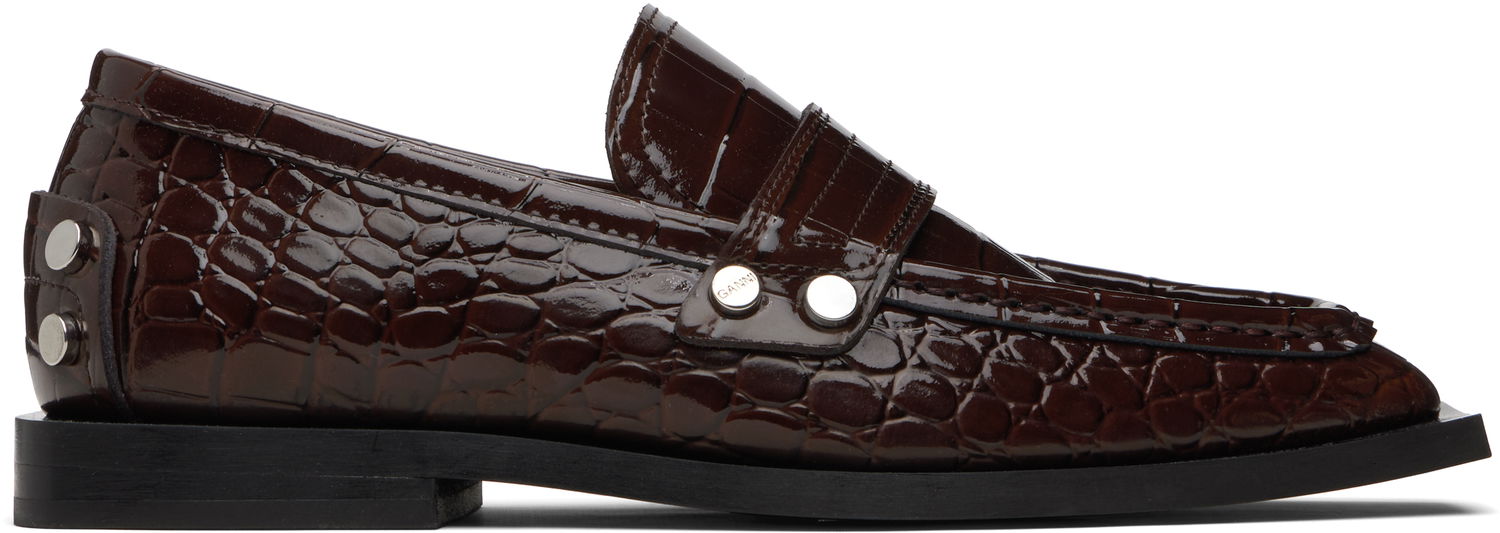 Tenisky a topánky GANNI Patent Croc-Embossed Studded Loafers Hnedá | S3116, 0