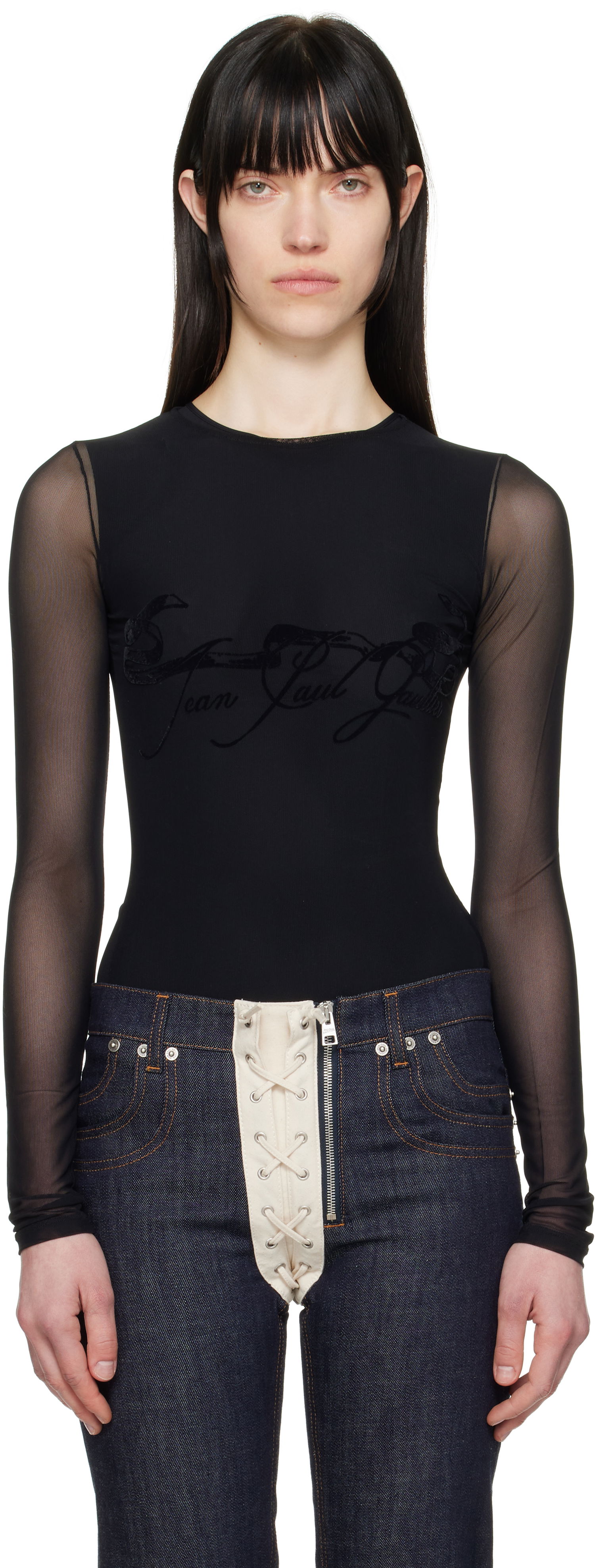 Body Jean Paul Gaultier Jean Paul Gaultier Flocked Tattoo Ruban Mesh Long Sleeve T-Shirt Čierna | 25/34-F-TO281I-T005-00, 0