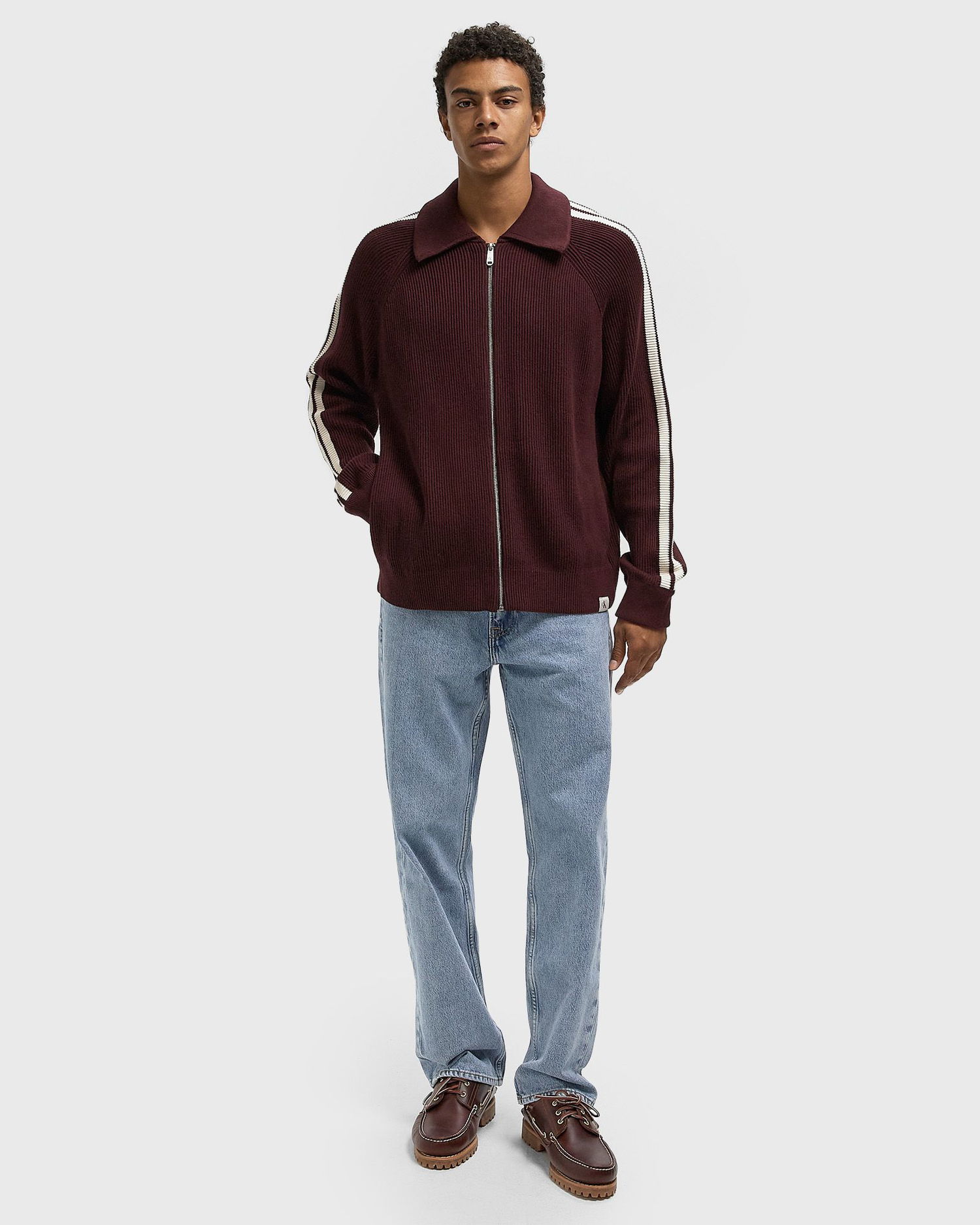 Sveter CALVIN KLEIN Long Sleeve Ribbed Knit Collared Full-Zip Racing Stripe Sweater 9GG Vínová | LV04RD301GGR9, 1