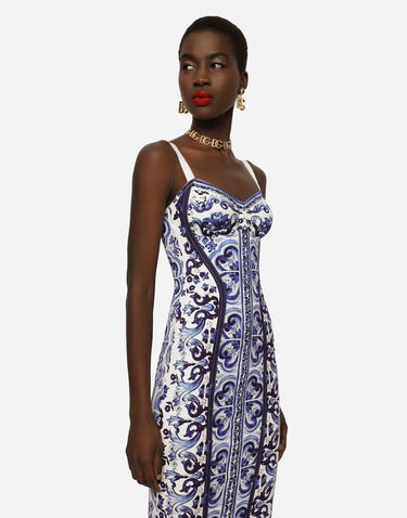Šaty Dolce & Gabbana Dolce & Gabbana Majolica Print Charmeuse Bustier Midi Dress Modrá | F6R3OTHPABOHA3TN, 3