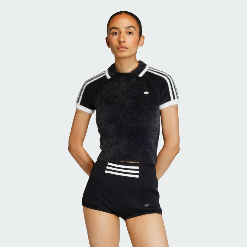 Polo tričko adidas Performance Cali Fuzzy Cropped Polo Knitted T-Shirt Čierna | KD2428