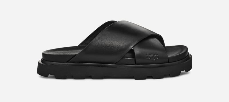 Tenisky a topánky UGG ® Capitelle Crossband Slide for Women in Black, Size 6.5, Leather Čierna | 1152672-BLK, 0