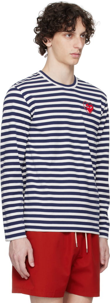 Sveter Comme des Garçons COMME des GARÇONS PLAY Striped Long Sleeve T-Shirt with Red Heart Emblem Navy | AX-T806-051, 4