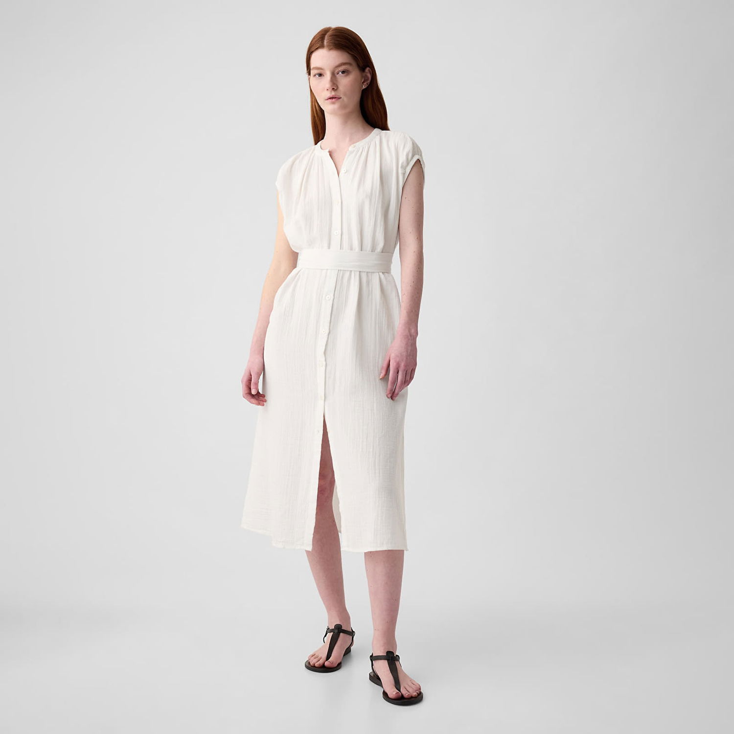 Šaty GAP Dresses Shortsleeve Gauze Tie Waist Button Down Midi Dress New Off White Béžová | 857632-01, 0