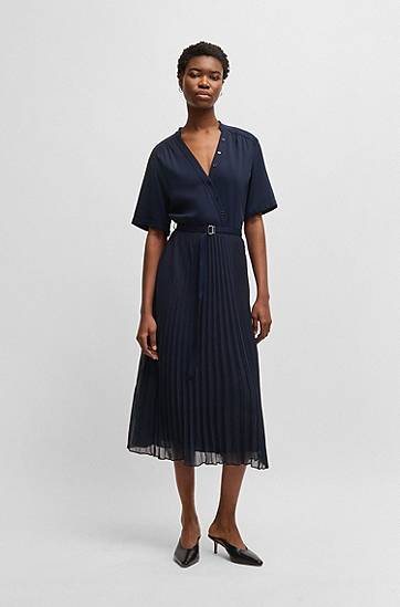 Šaty BOSS Pleated Wrap Dress with Belt Navy | 50530564, 1