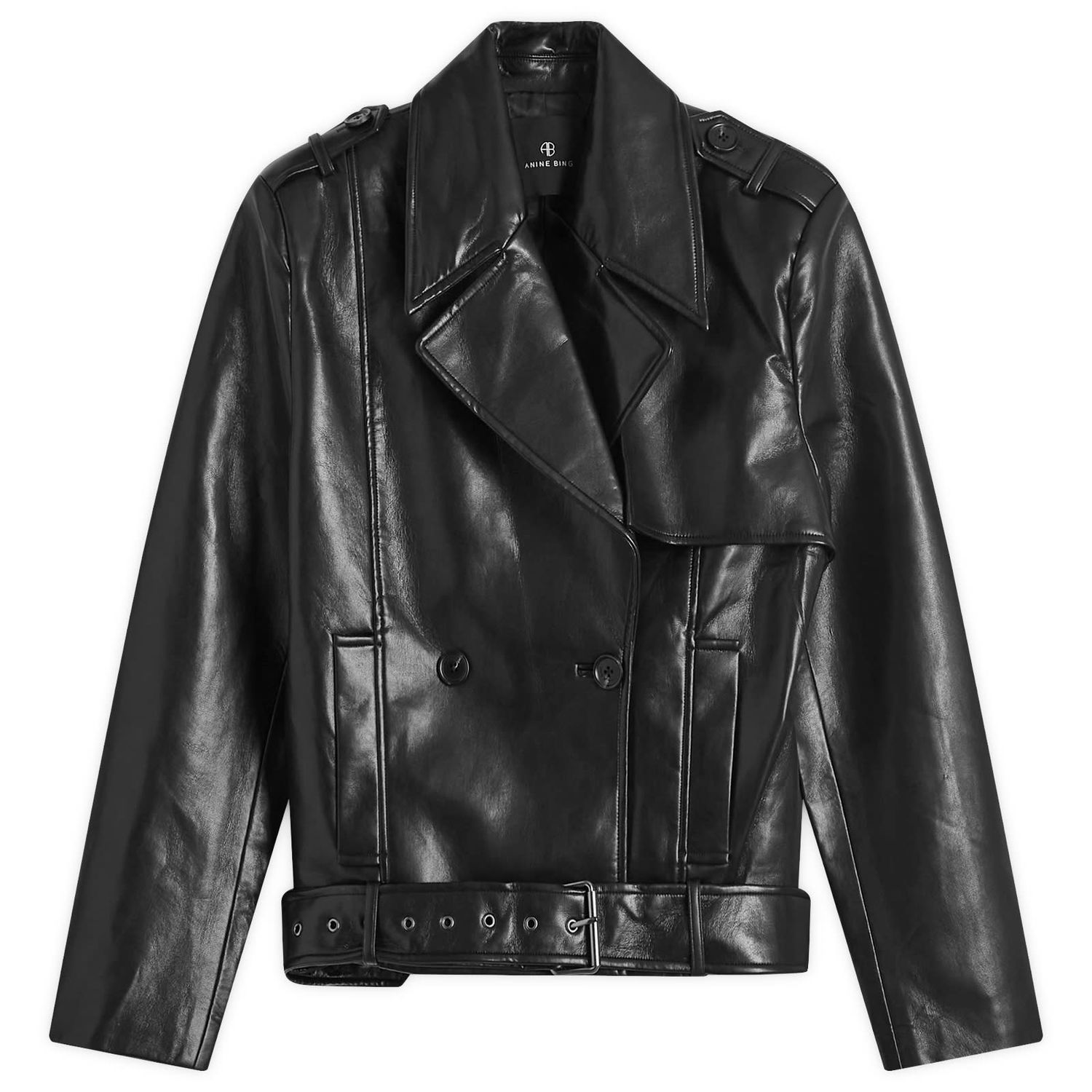 Bomber bunda Anine Bing Black Cropped Leather Jacket with Belt Čierna | A-01-10451-000, 1