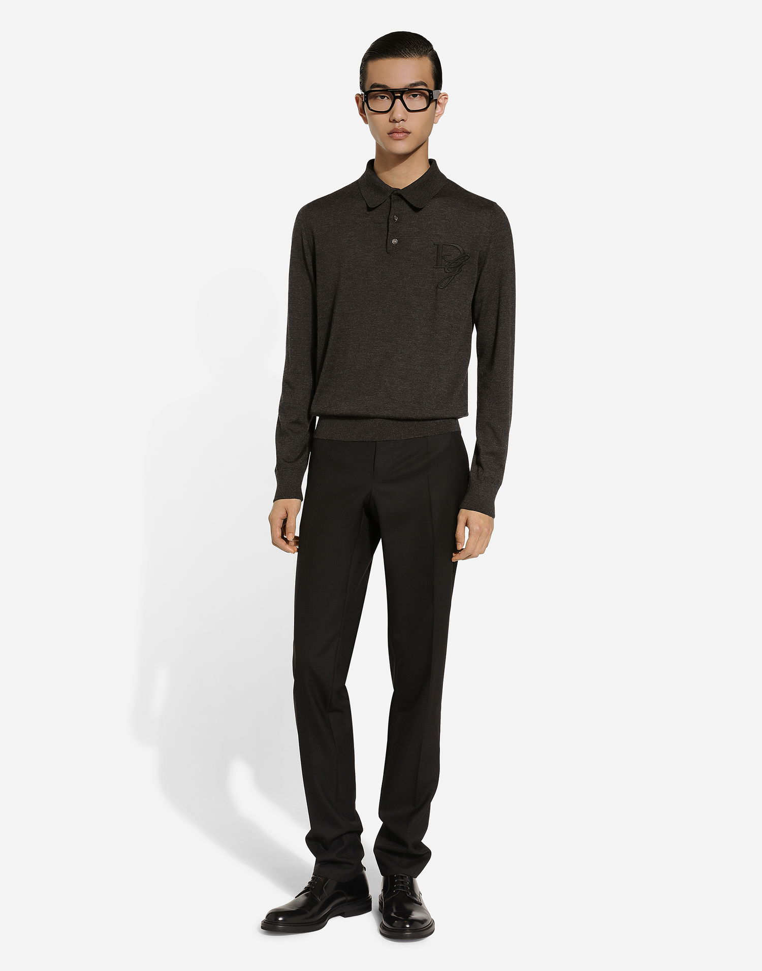 Polo tričko Dolce & Gabbana Dolce & Gabbana Cashmere Long Sleeve Polo Shirt with Embroidered Logo Šedá | GXZ25ZJAWXRN1254, 1