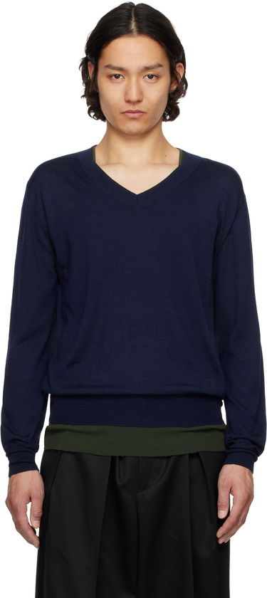 Sveter AMI AMI Paris V-Neck Wool Sweater Navy | HKS266.KN0066, 0