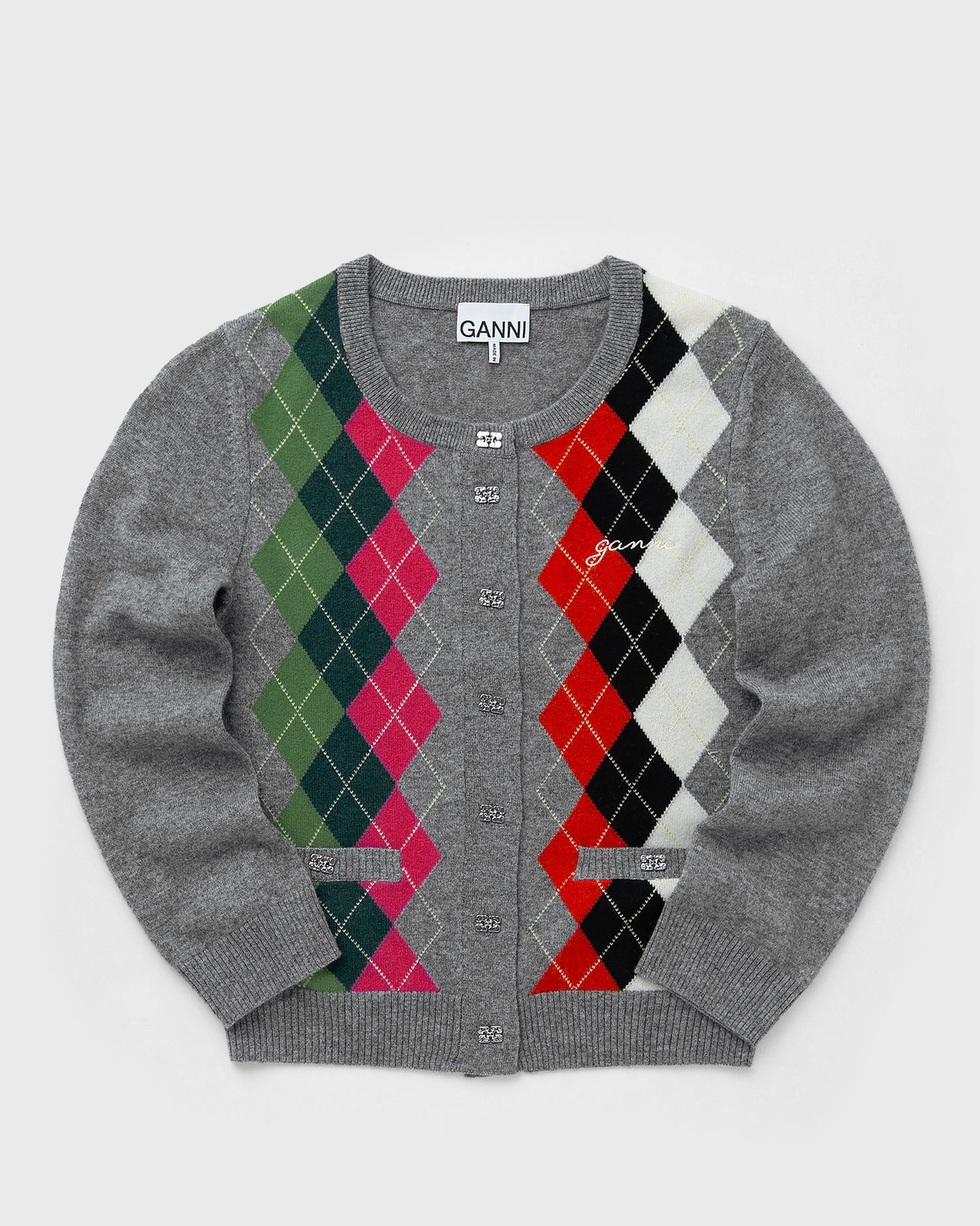 Sveter GANNI GANNI Argyle Cashmere & Wool Cardigan Šedá | K2512-921, 0