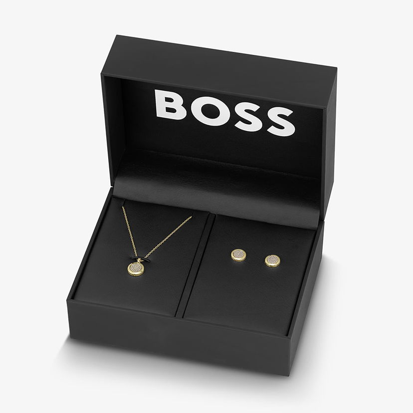 Šperky BOSS Pave Round Necklace and Stud Earrings Gift Set Žltá | 1570149