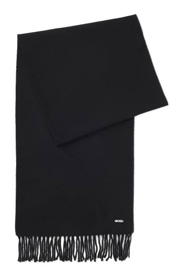 Šál BOSS Fringed wool scarf with logo rivet Čierna | 50517216