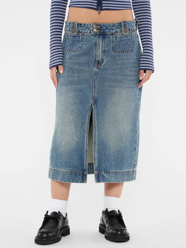 Sukňa GUESS Guess Originals Denim Midi Skirt with Front Slit Modrá | W5RG35D4XY0, 0