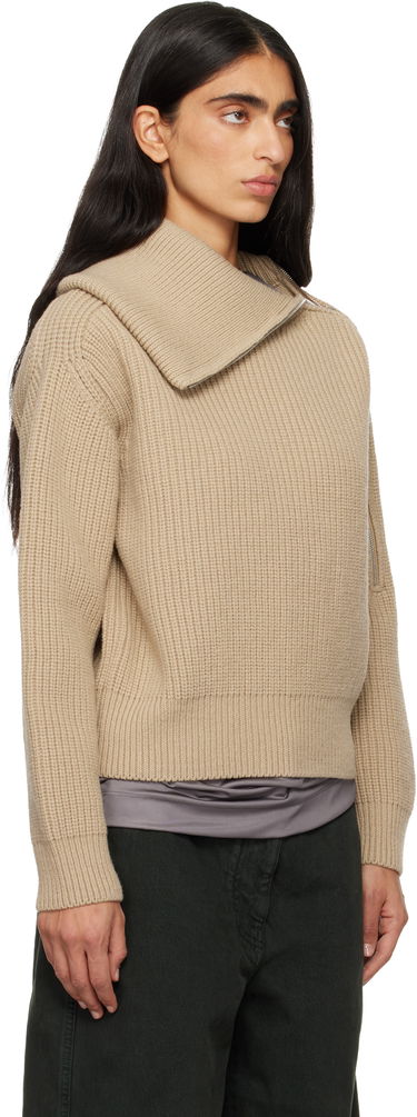 Sveter Dries Van Noten Dries Van Noten Ribbed Wool Knit Sweater with Asymmetric Zipped Collar Béžová | 252-011235-2707, 1