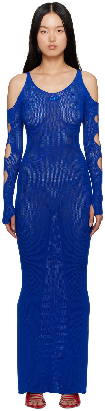 Šaty Off-White Blue Hole Net Maxi Dress Navy | OWHI087S23KNI0014540, 0