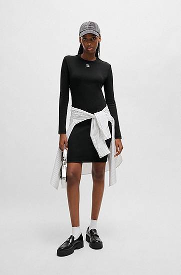 Šaty BOSS HUGO Ribbed Stretch Dress with Stacked Logo Čierna | 50518385, 1