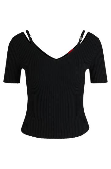 Sveter BOSS Ribbed Knit Top with Cutout Shoulders Čierna | 50538223, 0