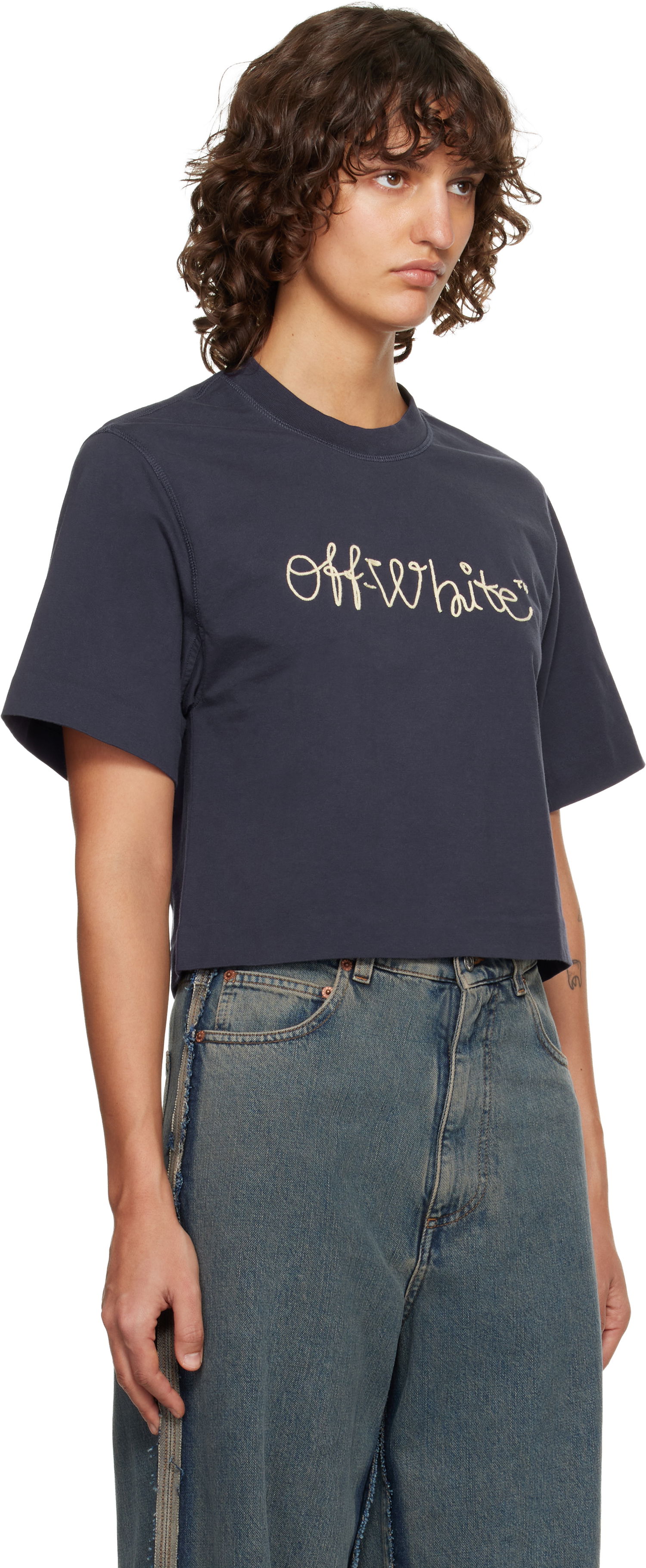 Crop Top Off-White Embroidered Script Logo Crop T-shirt Navy | OWAA090F25JER0034C19, 1