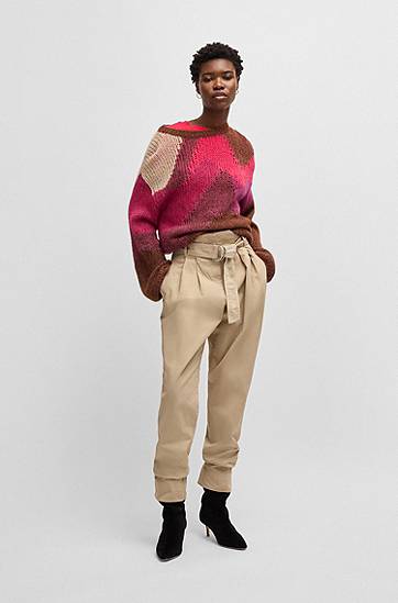 Nohavice BOSS Paperbag Stretch-Cotton Twill Trousers Béžová | 50533248, 1