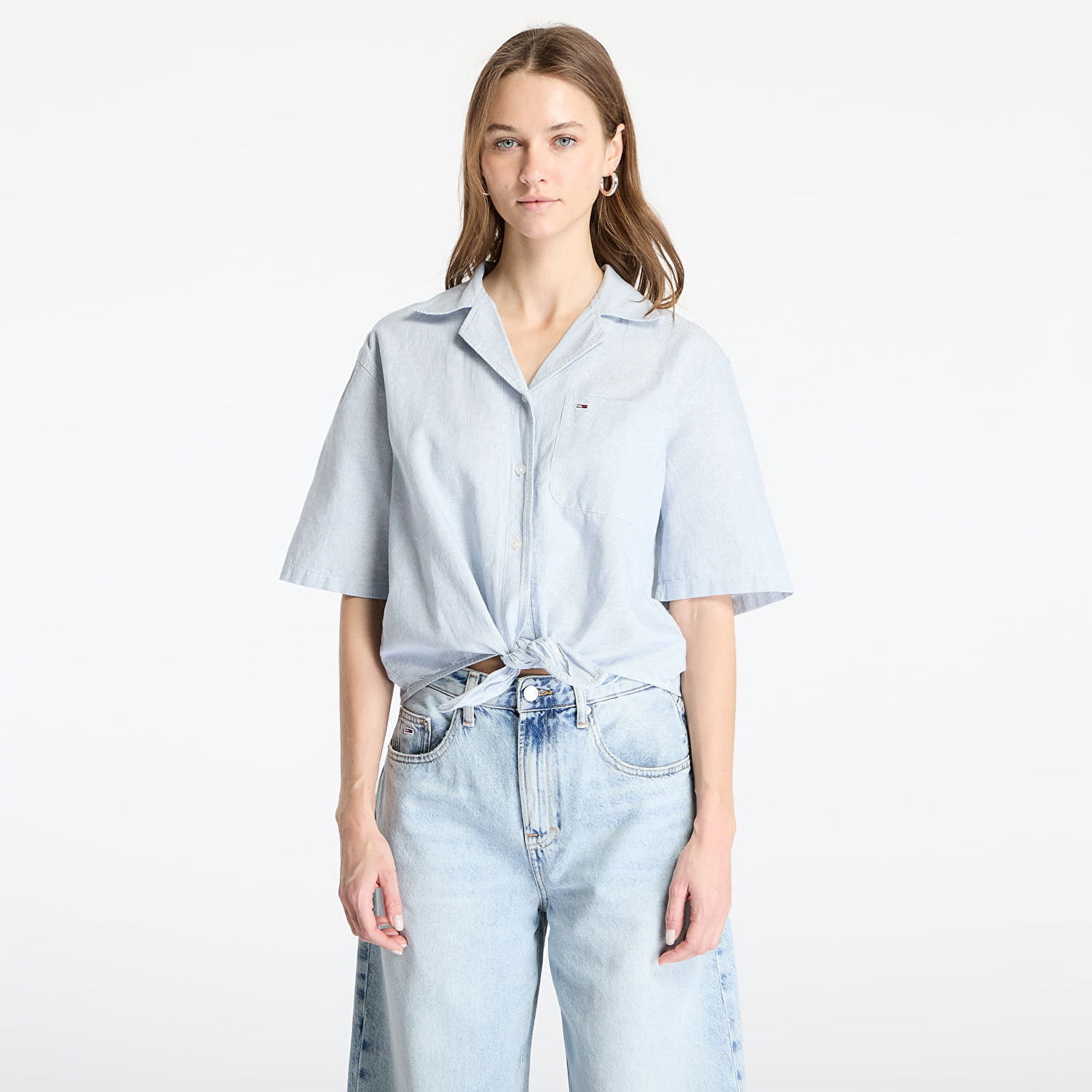 Košeľa Tommy Hilfiger Tommy Jeans Women's Cropped Linen Short Sleeve Shirt Modrá | DW0DW20286 0A8, 0