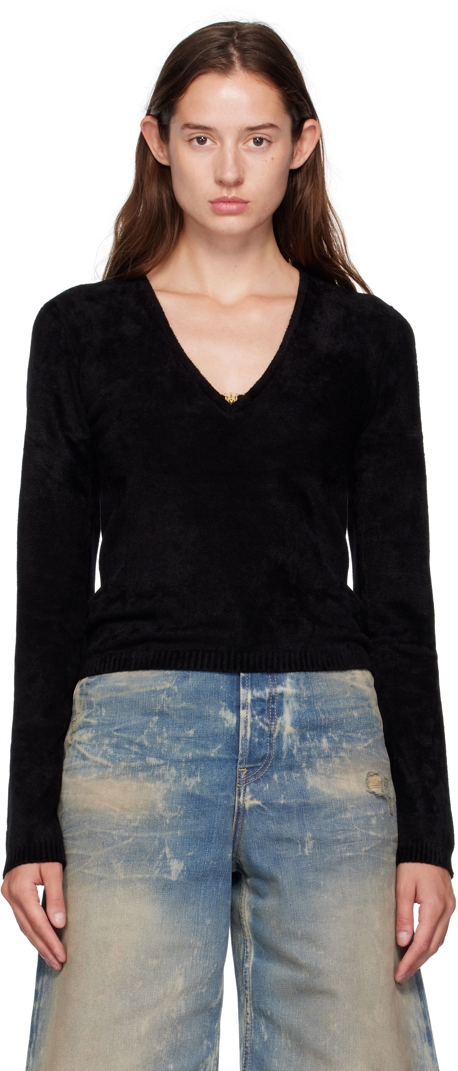 Sveter AMIRI AMIRI Velvet V-Neck Long Sleeve Top Čierna | AWKNLS1008, 0