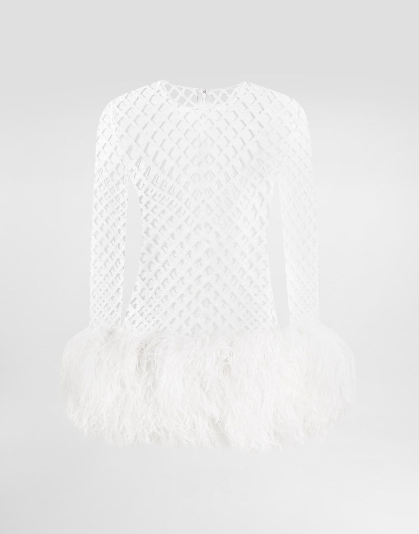 Šaty Dolce & Gabbana Dolce & Gabbana Short Sequin Mesh Feather Trim Dress Biela | F60FCZFLSLDW0800
