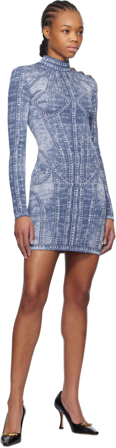 Šaty Balmain Balmain Jacquard Denim Effect Minidress Modrá | EF1R8237KH80, 3