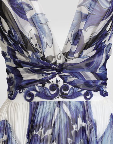 Šaty Dolce & Gabbana Dolce & Gabbana Majolica-Print Pleated Chiffon Dress Modrá | I6KH6WFSSK7HX3TN, 2