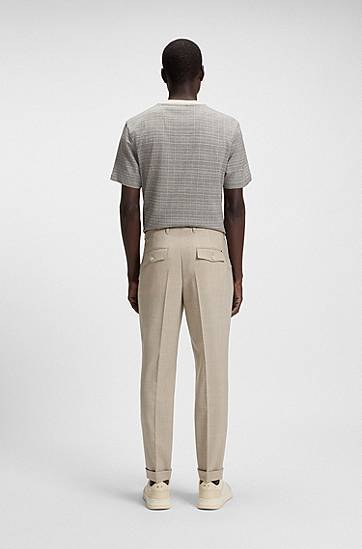 Nohavice BOSS Men's Tapered Fit Micro-Patterned Virgin Wool Trousers Béžová | 50545822, 1