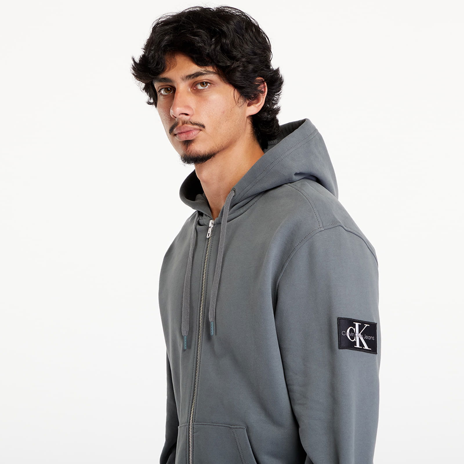 Badge Zip Through Hoodie Gray