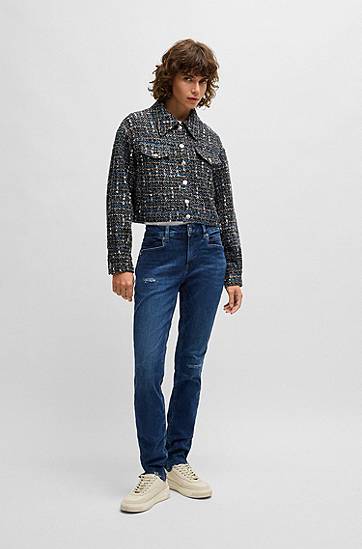 Džínsy BOSS Distressed Stretch Denim Jeans with Frayed Hems Modrá | 50527339, 1