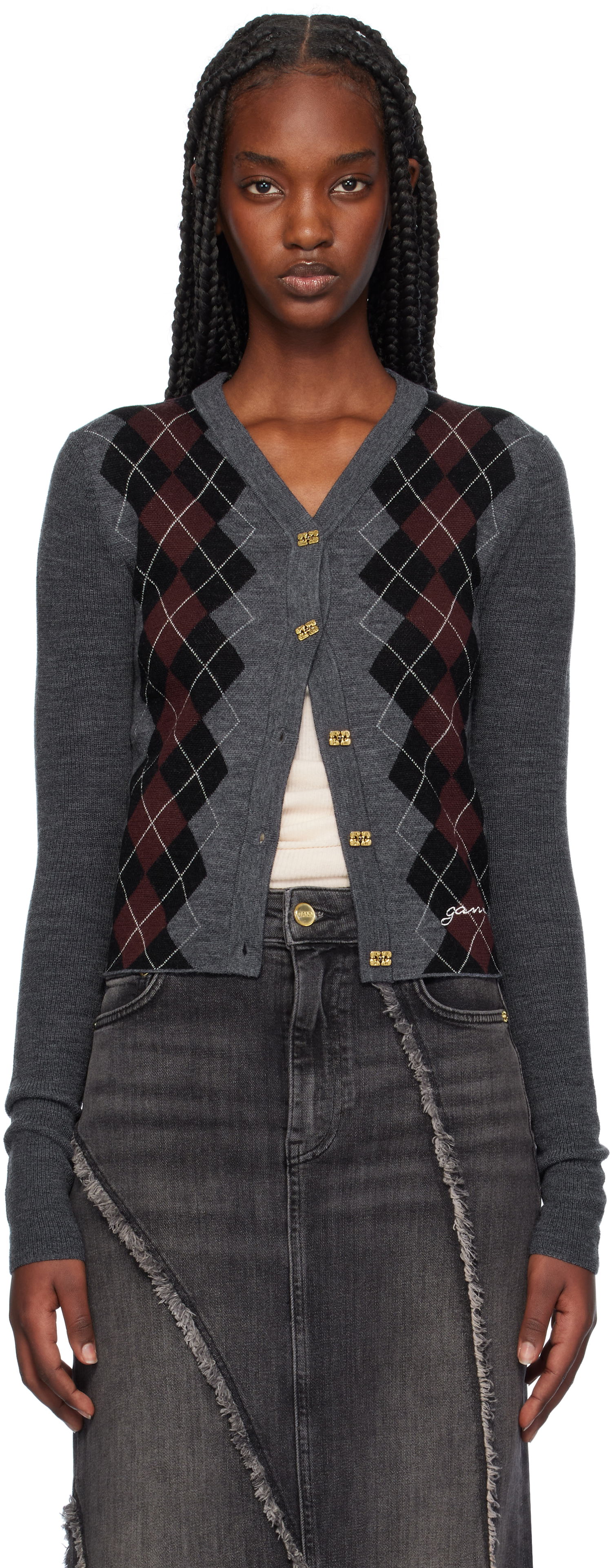 Sveter GANNI Argyle Jacquard Knit Cardigan Šedá | K2284, 0