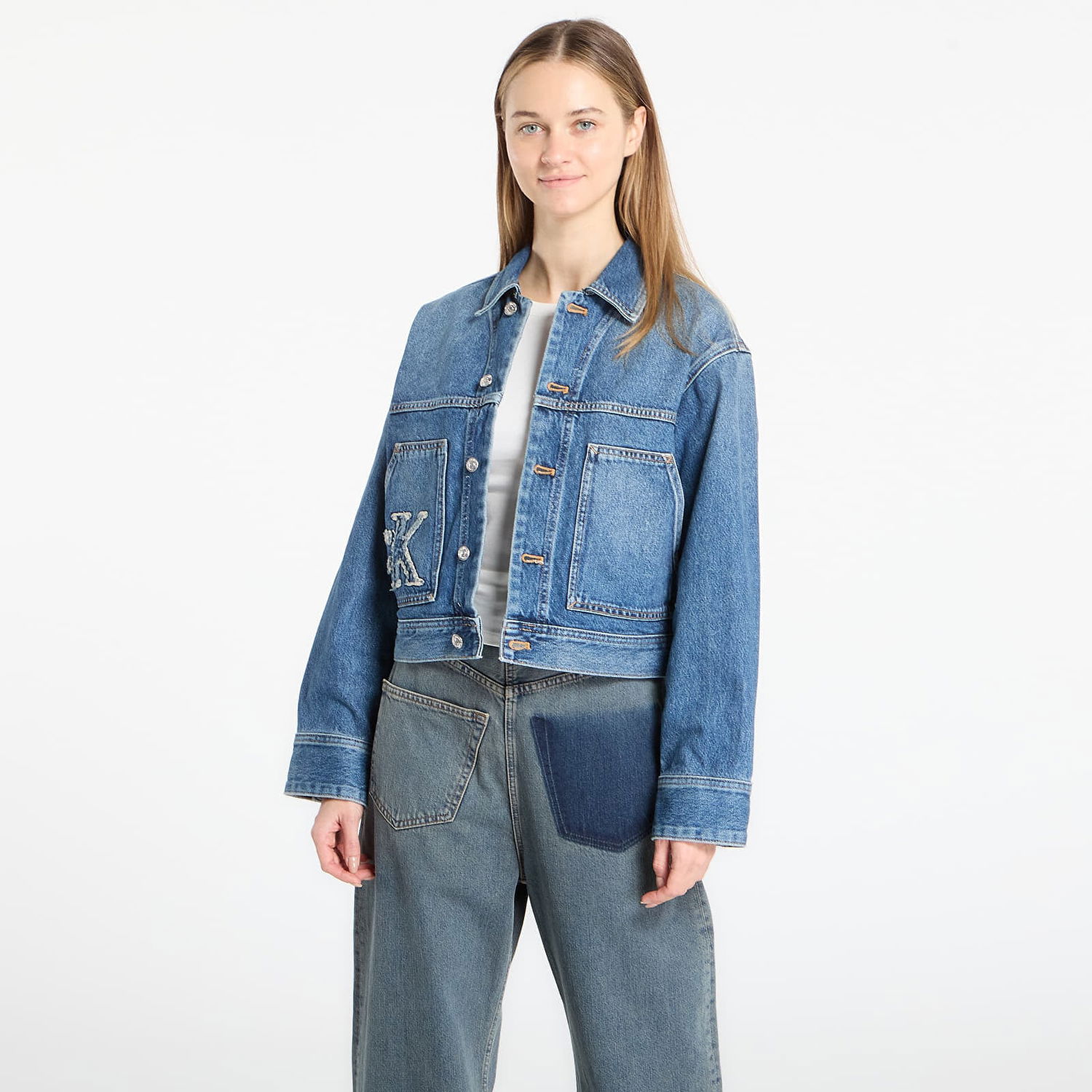 Bunda CALVIN KLEIN Workwear Cropped Denim Jacket with K Applique Modrá | LV047E906G 3NL, 0