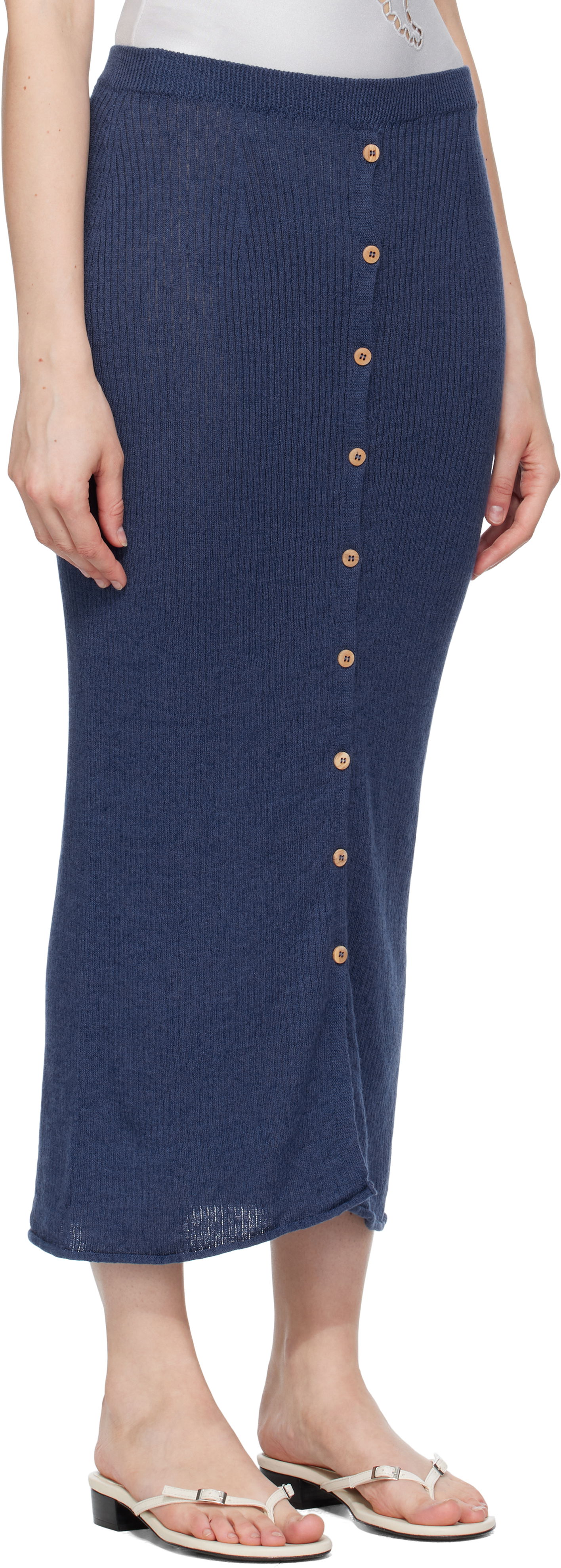 Sukňa Baserange Baserange Ribbed Knit Midi Skirt with Button Closure Navy | SKDR-LI-SU25, 1