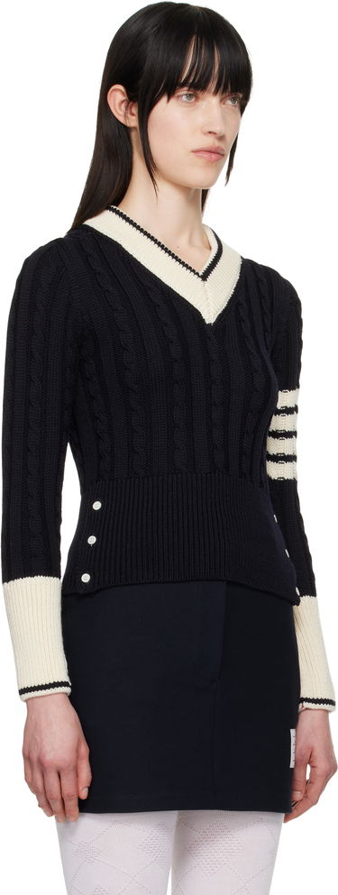 Sveter Thom Browne Thom Browne Classic Merino Wool V-Neck Sweater Navy | FKA484A-Y1024, 1
