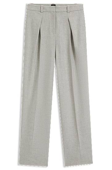 Nohavice BOSS Pleated Straight-leg Trousers in Melange Stretch Flannel Šedá | 50547679