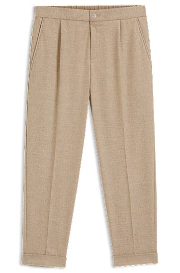 Nohavice BOSS Tapered-fit pleated trousers in stretch flannel with cuffed hem Béžová | 50527924, 0