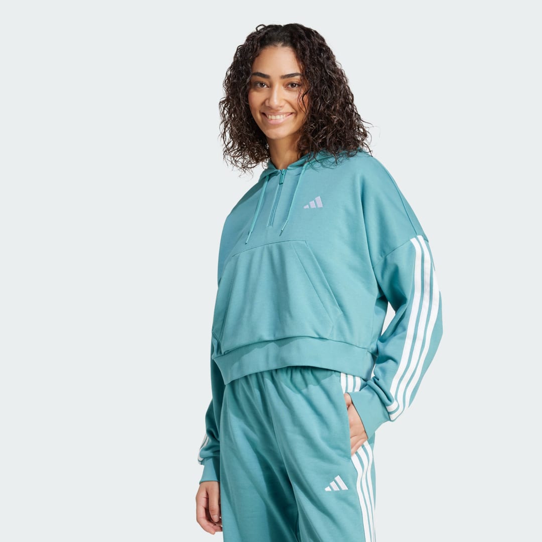 Mikina adidas Performance Essentials 3-Stripes French Terry Quarter-Zip Hoodie Tyrkysová | JX7677, 0