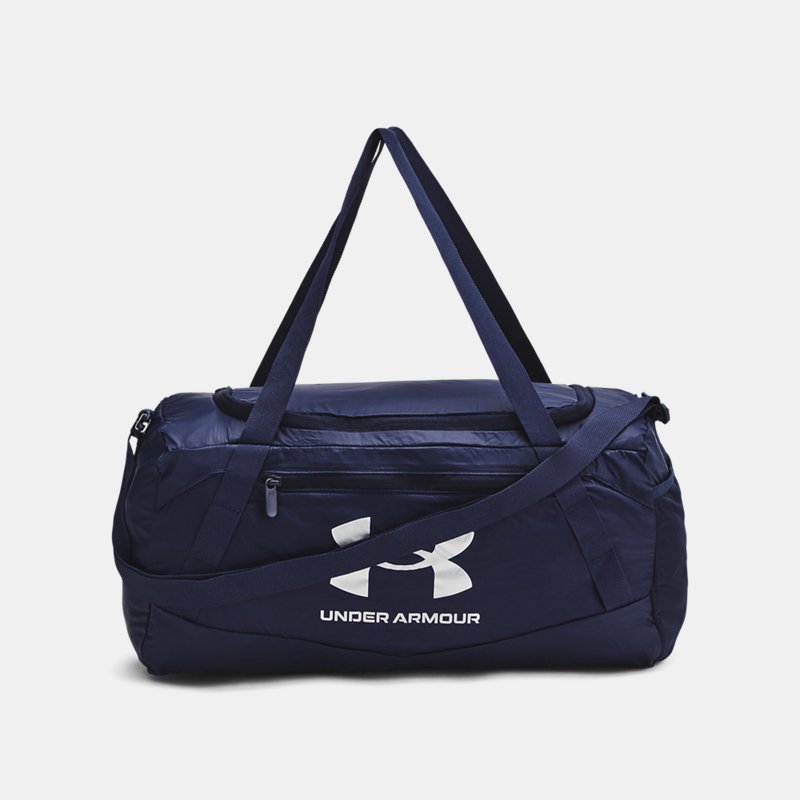 Batohy a tašky Under Armour Hustle 5.0 verstaubare XS Duffle-Tasche Midnight Blaue Marine / Metallisch Silber EINHEITSGRÖSSE Čierna | 1381927-410, 0